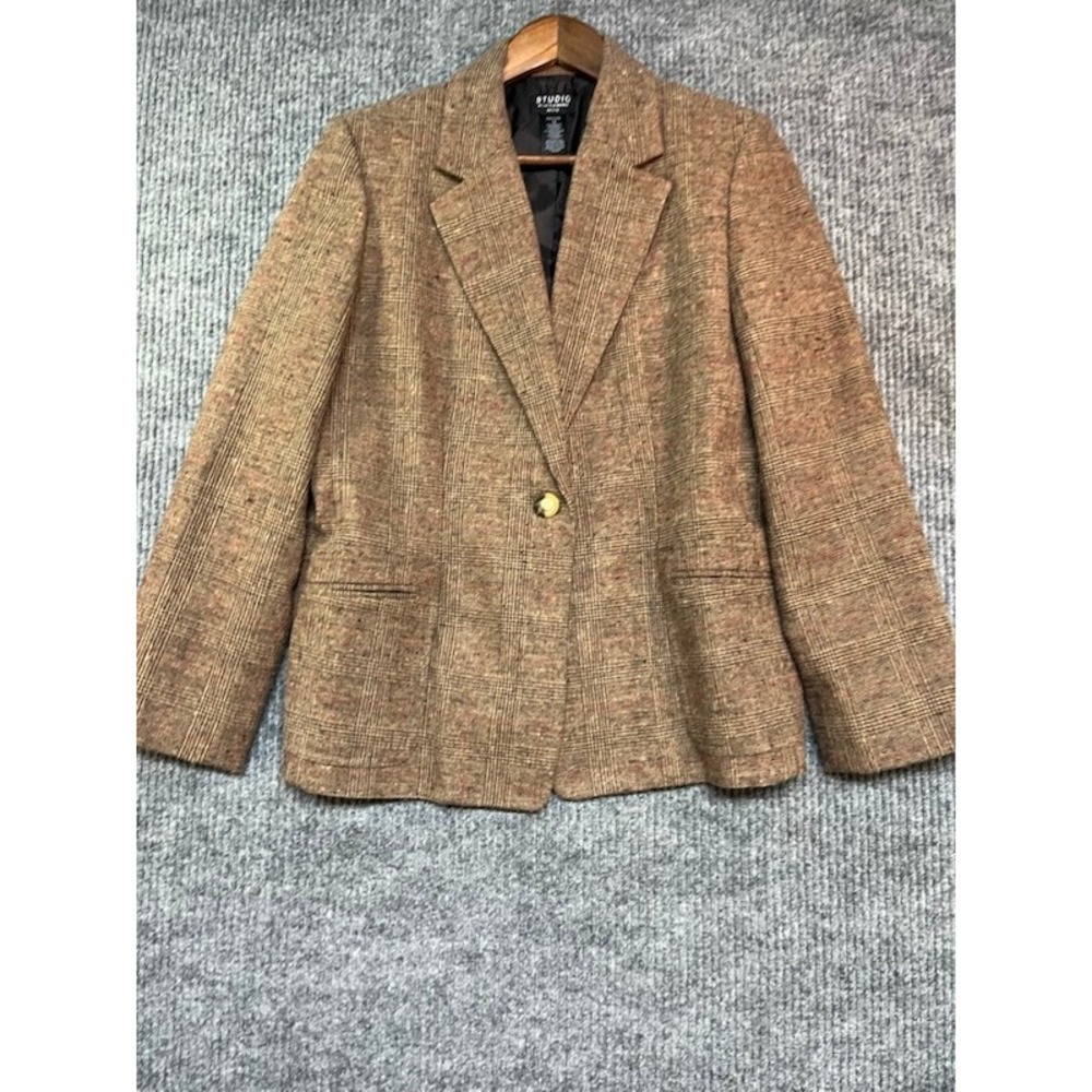 Studio by Liz Claiborne 12P Brown Plaid Wool Blend Blazer Jacket Gold Button